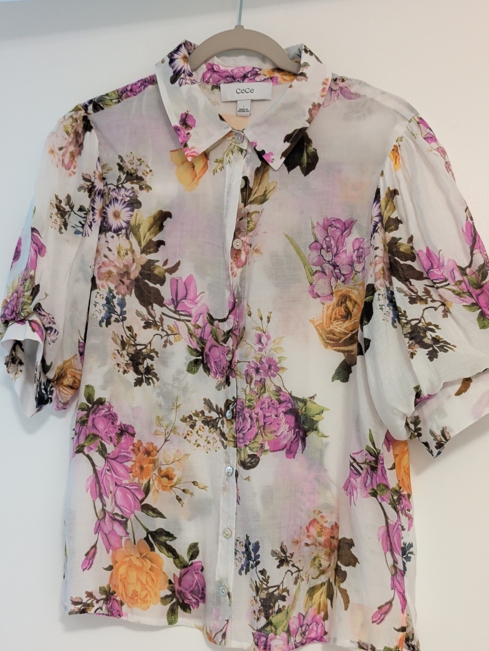 CeCe White Floral Button-Front Blouse with Pink and Yellow Blooms